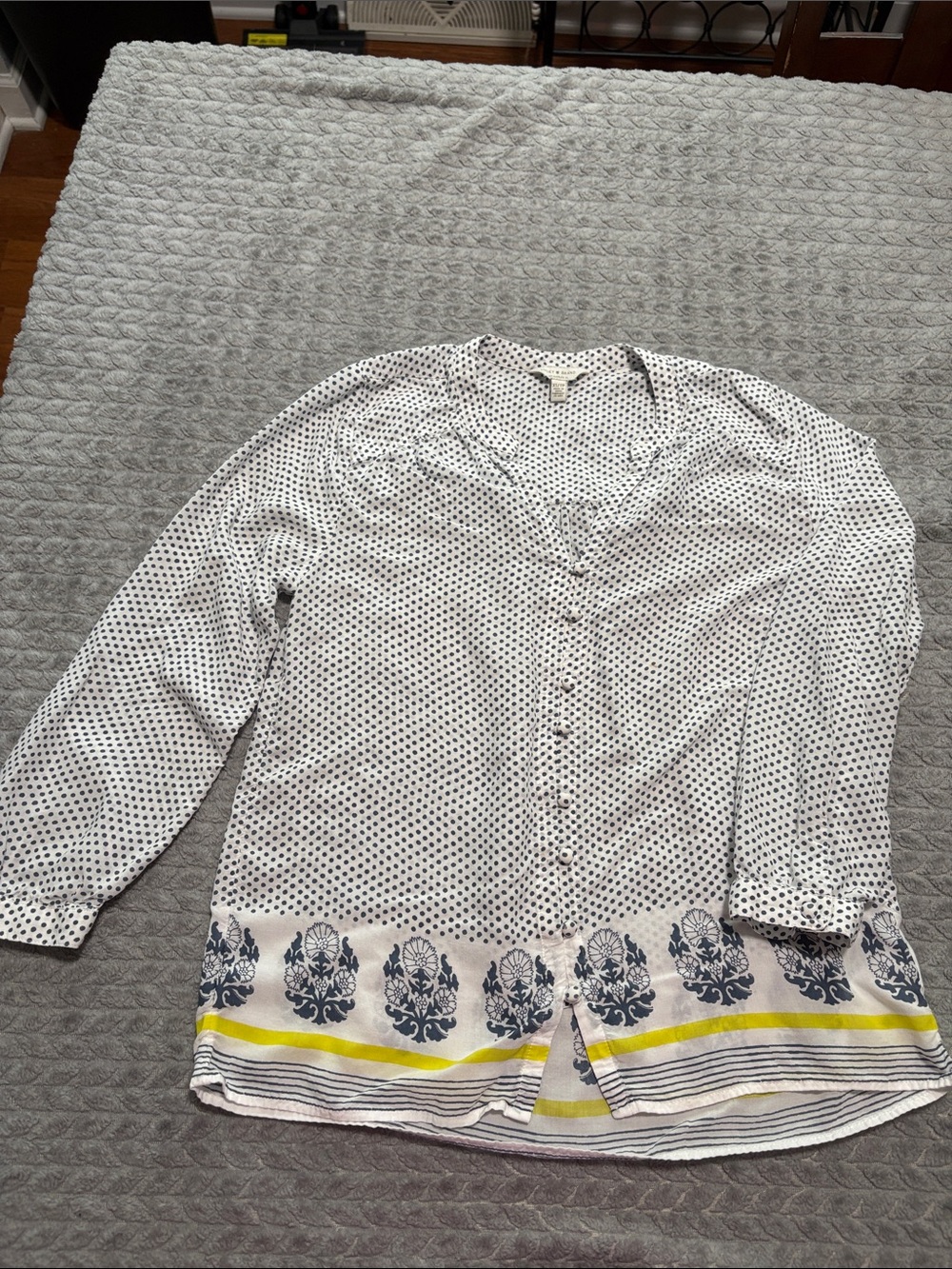 Lucky Polka Dot Button-Front Blouse with Printed Hem - White/Navy Size XS